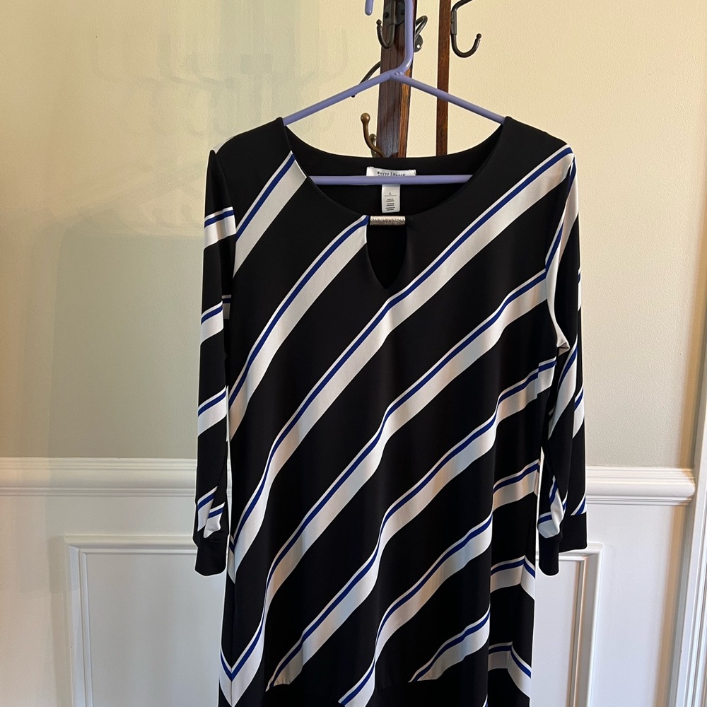 White House Black Market Black Tunic with White and Blue Diagonal Stripes